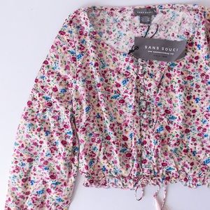 Sans Souci Boho Pink Ditsy Floral Print Balloon Sleeves Crop Top, NWT, Size XS